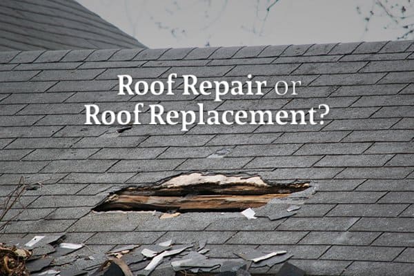 A roof with a large hole and other damage beneath the words "Roof Repair or Roof Replacement?"