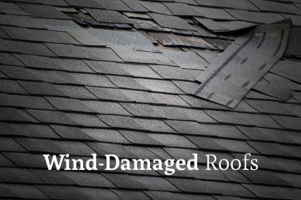 A roof with some of the shingles blown off with the words "Wind-Damaged Roofs"