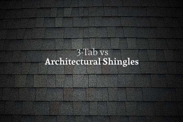A roof with architectural asphalt shingles with the words "3-Tab vs Architectural Shingles"