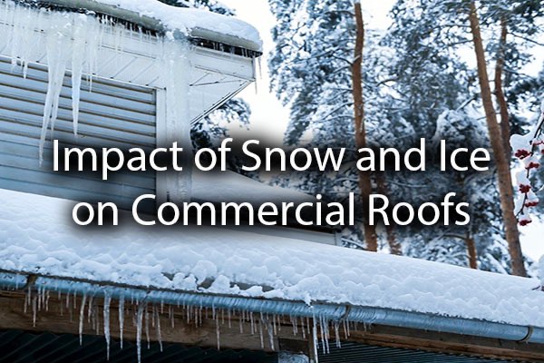 A commercial Roof with snow on it with the words, impact of snow and ice on commercial roofs.