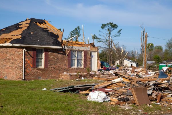 A house destroyed in the aftermath of a tornado.