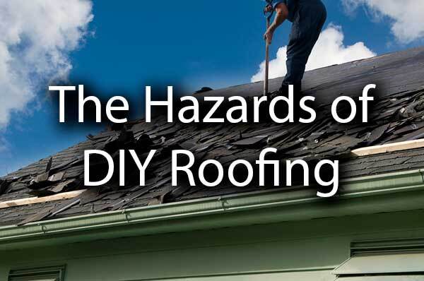 A man standing on a damaged roof with the words, "hazards of DIY Roofing."