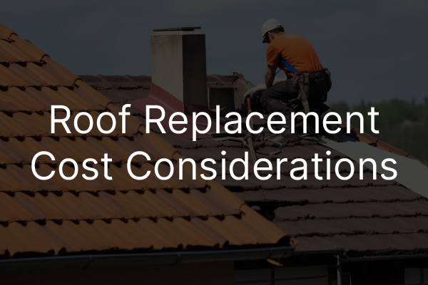 A roofer removing an old roof with the words, "roof replacement cost considerations."